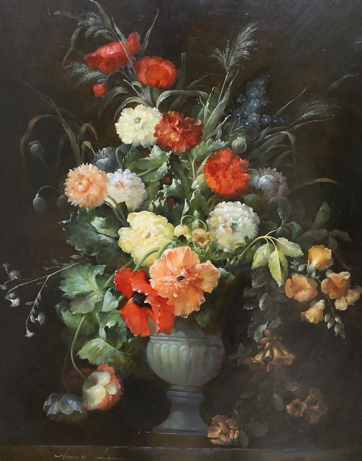 Nancy Lee, oil on panel, Still life of flowers in a vase upon a ledge, signed, 49 x 39cm